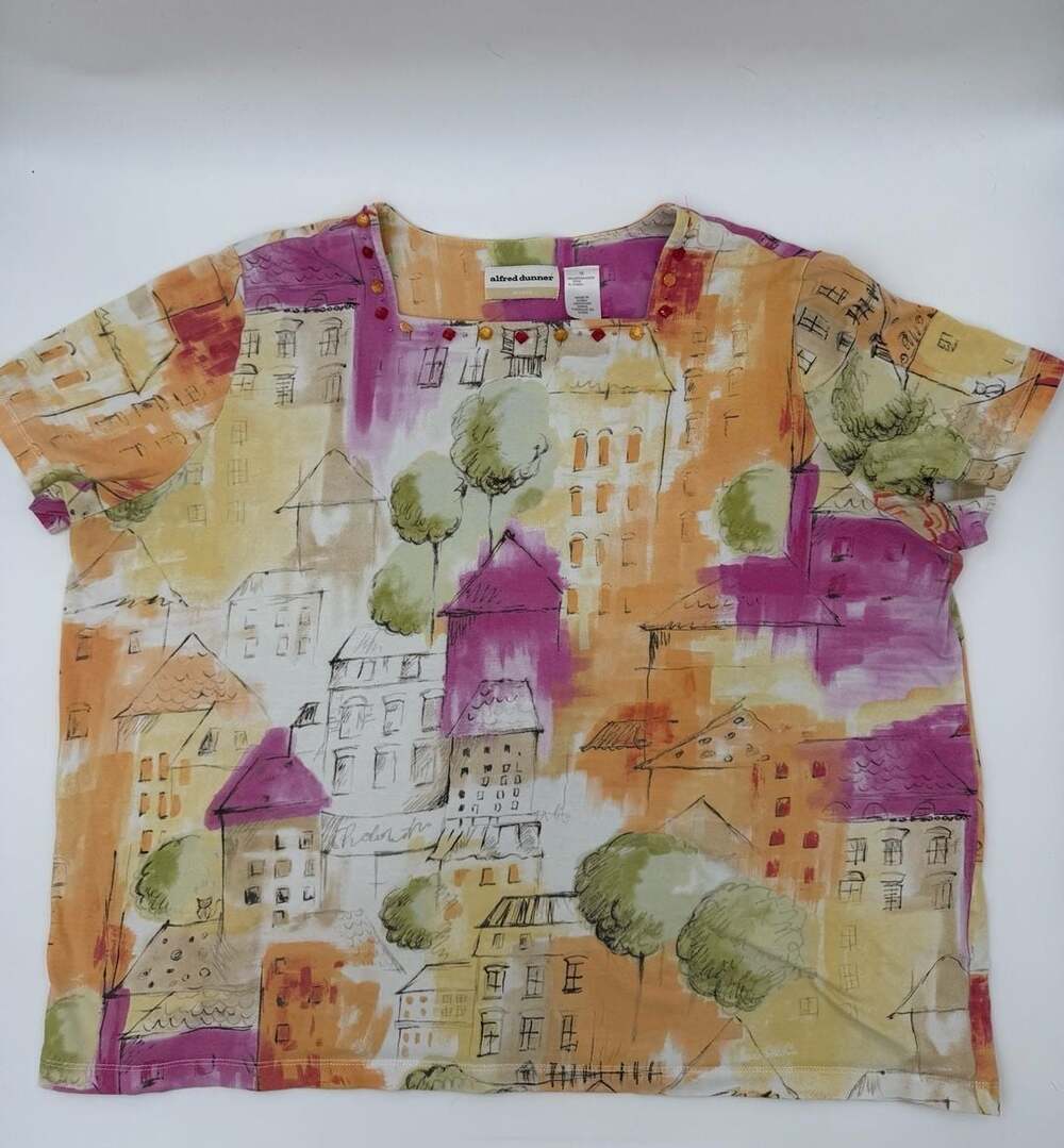 Womens Watercolor Cityscape Top Short Sleeve Artsy Cottagecore Blouse XL